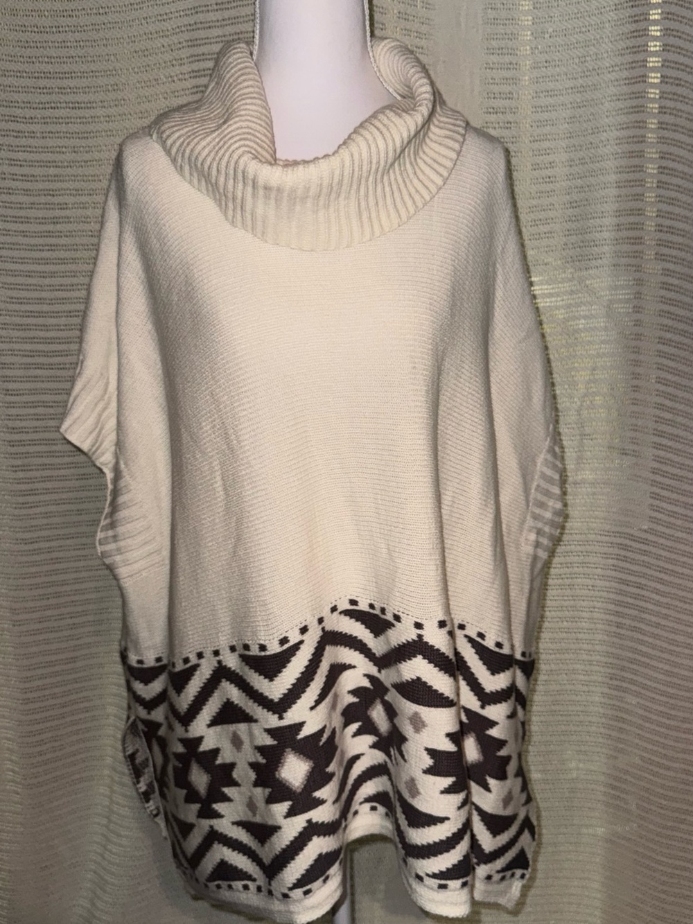 Old Navy Cream Cowl Neck Poncho with Brown Aztec Hem